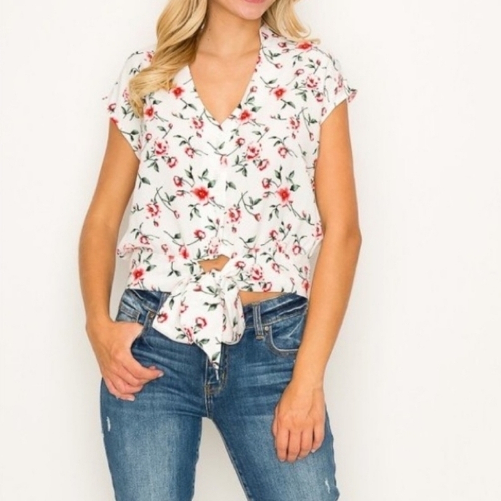 Triple Seven Floral Tie Front Sleeveless Top